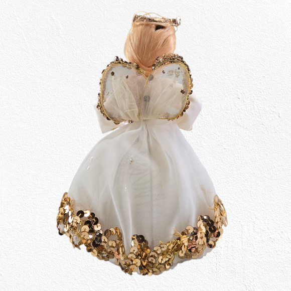 Vintage 1960s Japan Angel Tree Topper Gold Sequin Tulle Dress 8” Christmas Decor - Picture 3 of 10